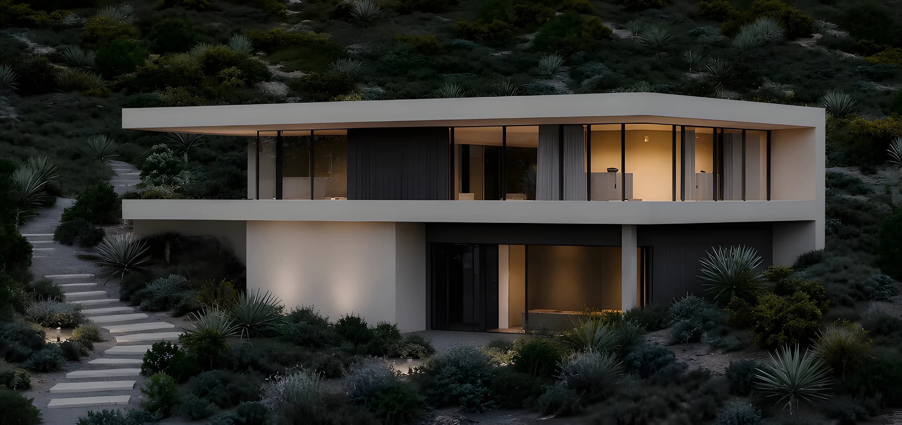 Modern hillside residence at dusk